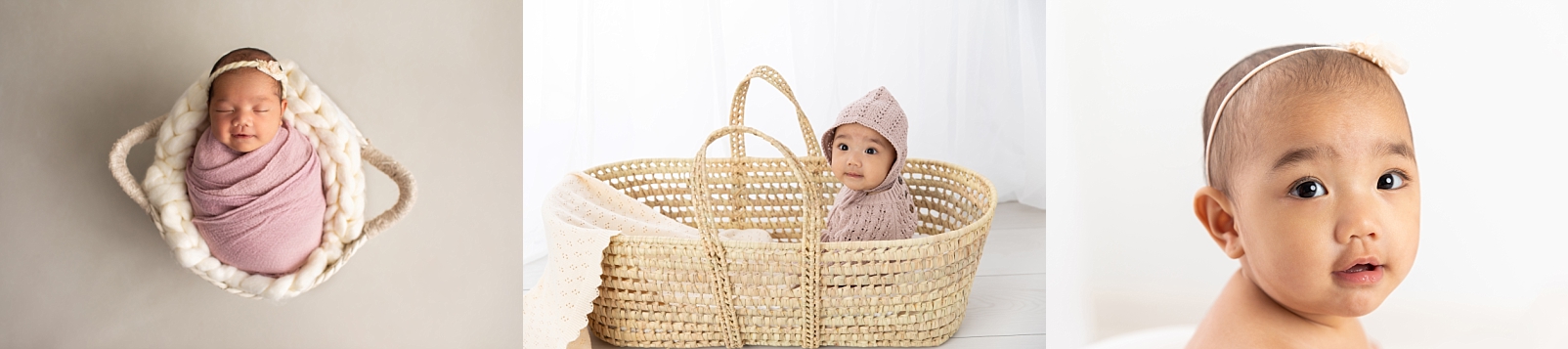 First Year Membership Photos with Maryland Baby Photographer of a newborn in a basket, 7 month old in a basket, and a face close-up of a 1 year old

