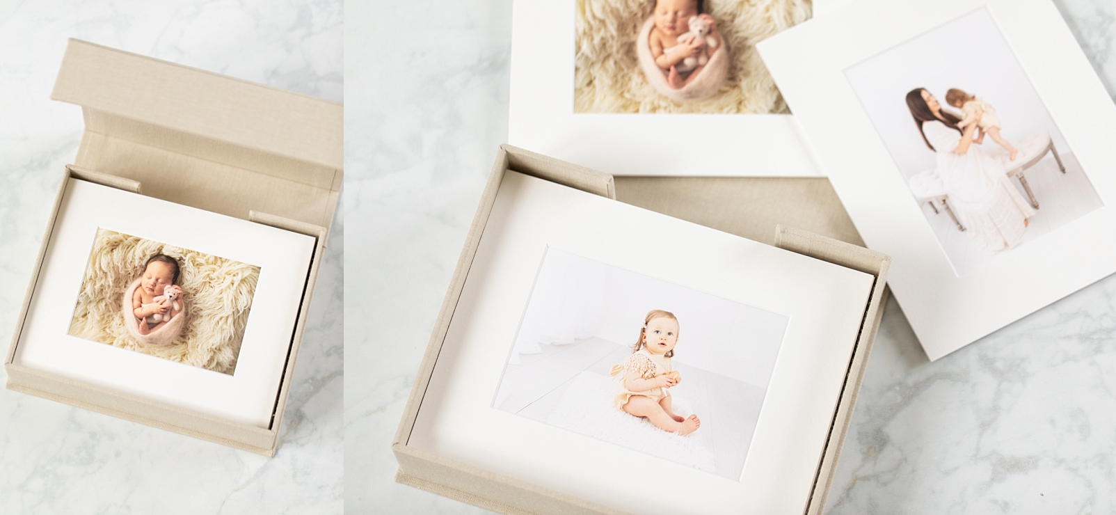 matted print box showcasing photos of a newborn and 1st birthday portraits
