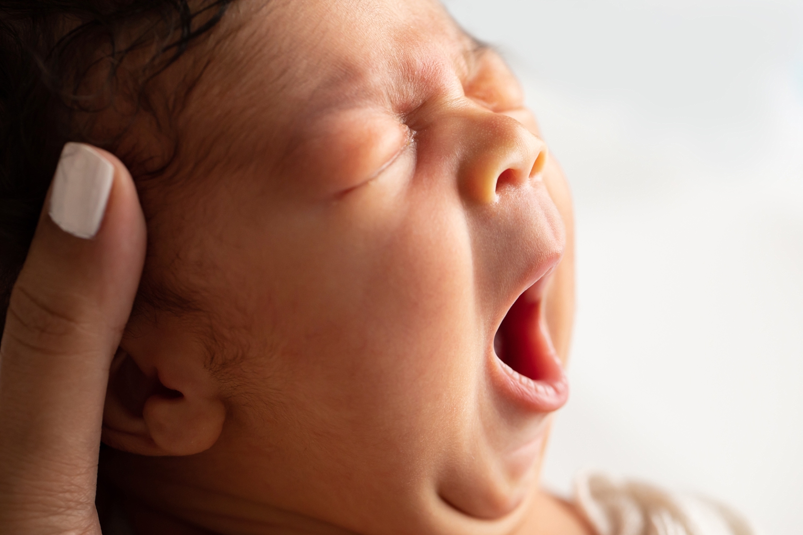 Baby yawns in a macro close-up photo