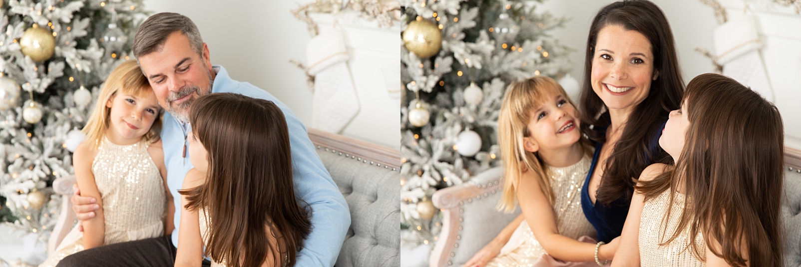 Father daughter and Mother daughter portraits in front of decorated tree