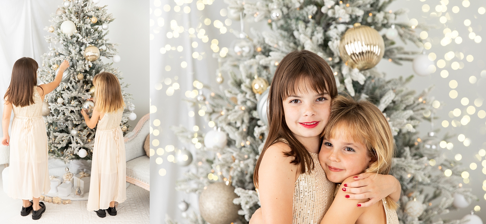 2 sisters decorating ornaments on the tree for Christmas mini sessions