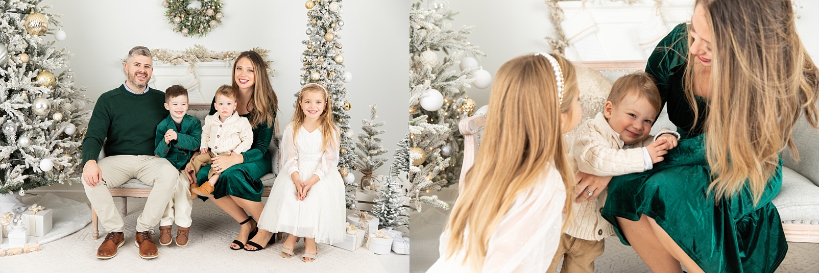 Family portrait of 5 sitting near Christmas trees and a mom with her two children.