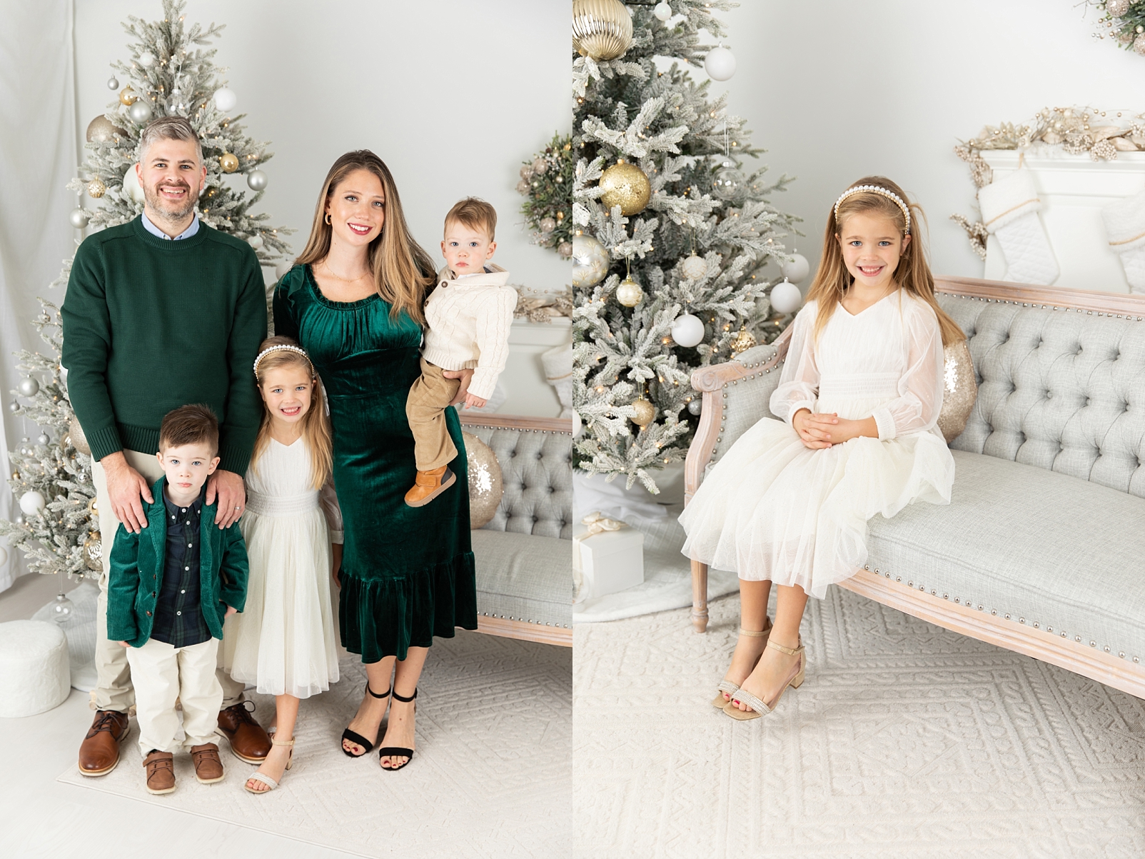 A family of 5 standing in front of a Christmas tree in dressy outfits