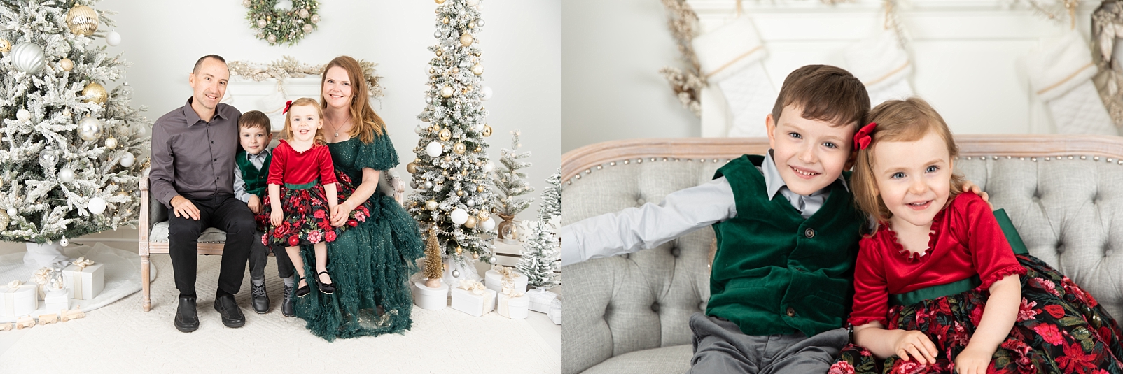 A family of 4 sitting on a loveseat surrounded by Christmas trees