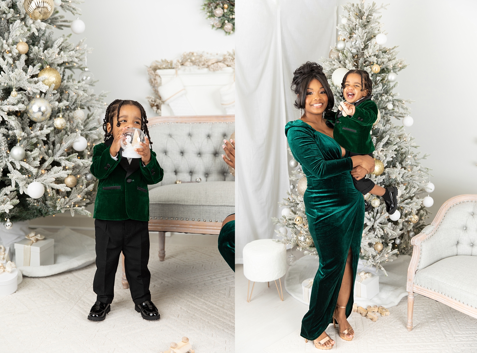 Boy dressed in semi-formal clothing smiling and holding a snow globe and a  mother holding her son in front of a Christmas tree
