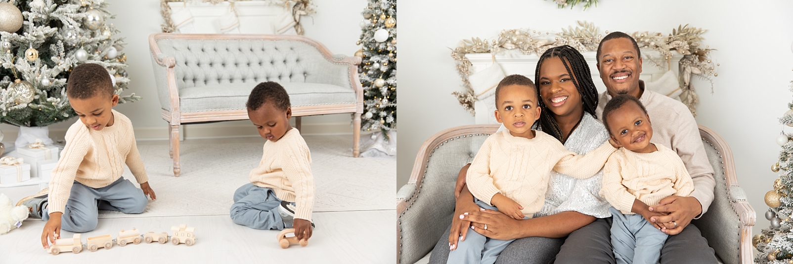 Two boys playing with a wooden train and a wooden car near a Christmas Tree and a family of 4 sitting together on a loveseat chair
