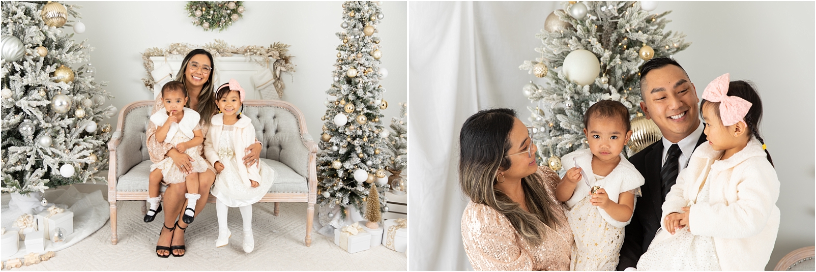 Mother with 2 daughters seated for Christmas mini sessions and a family of 4 smiling at their children