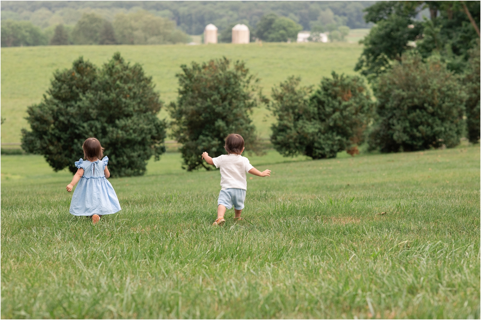 A girl in a blue dress and a boy in white and blue run down a grassy hill towards trees in the background for how to prepare toddlers for a photo session - Rebecca Leigh Photography

