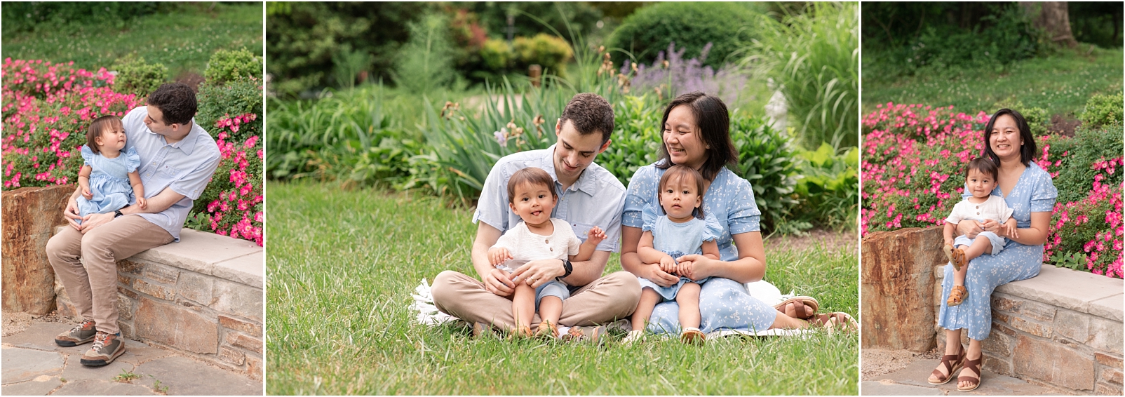 A family of 4 sitting in the grass in front of plants and flowers and a dad holding his daughter in front of pink flowers and a mom holding her son in front of pink flowers
