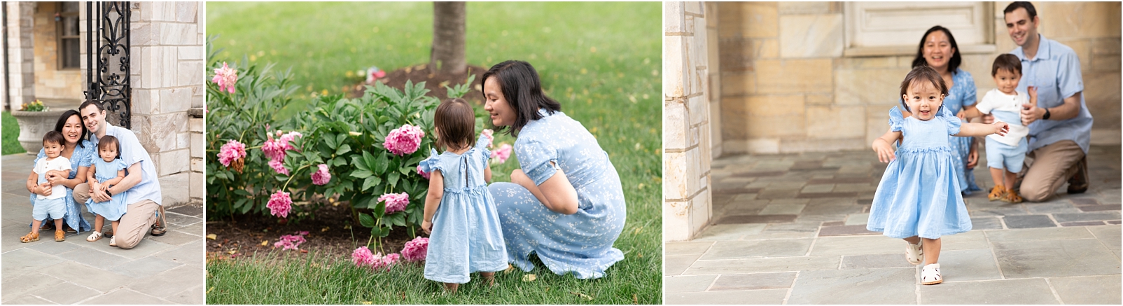 A family posing next to an iron gate, a mom in a blue dress looking at pink flowers with her daughter, and a little girl running on a patio