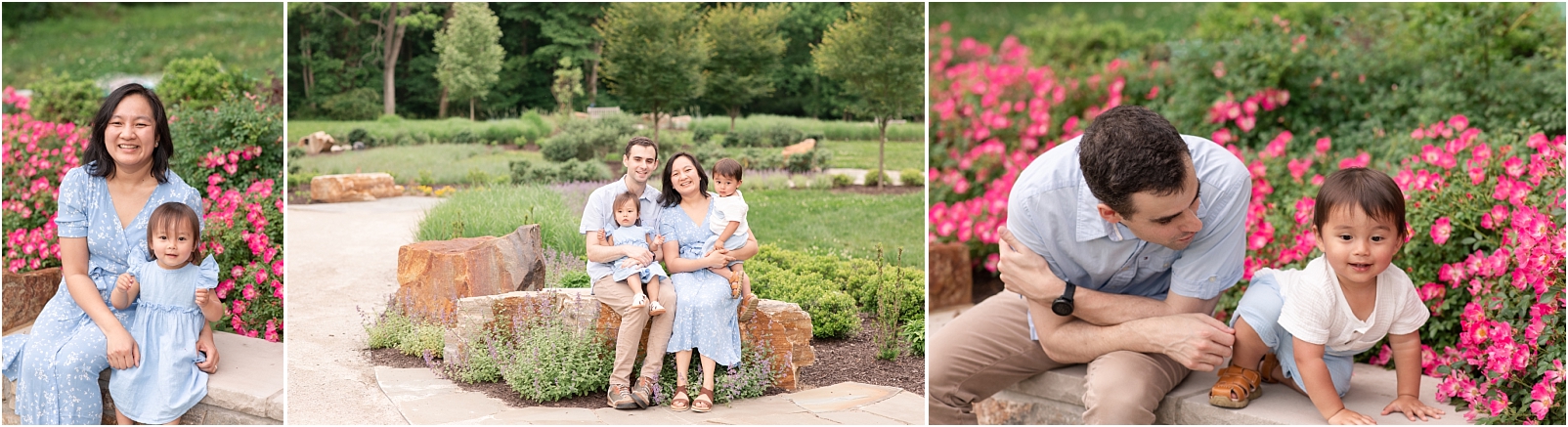 A mom and daughter sitting in front of pink flowers, a family sitting on a rock, and a father sitting next to his son 