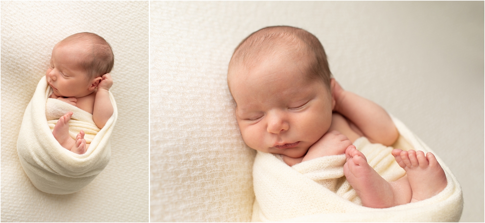 Newborn baby boy wrapped in a cream color swaddle sleeping