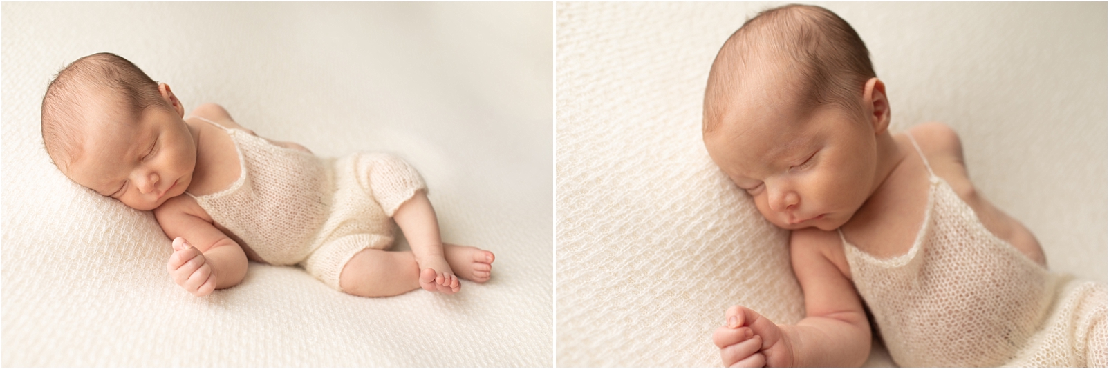 Newborn baby boy wearing a cream color swaddle knit overall- When Should we Book a Newborn Photo Session? 3 Reasons to Book Early with Rebecca Leigh Photography
