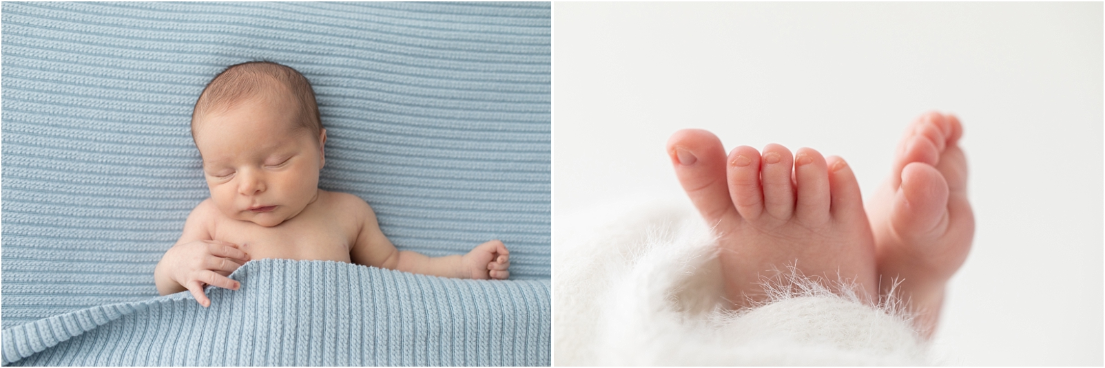 Newborn boy sleeping on light blue ribbed fabric for tucked in pose and macro photo of baby toes