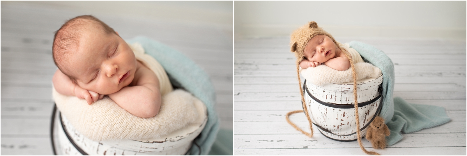 Newborn baby boy sleeping with face on arms in white bucket. He is wearing a teddy bear hat in one photo.
