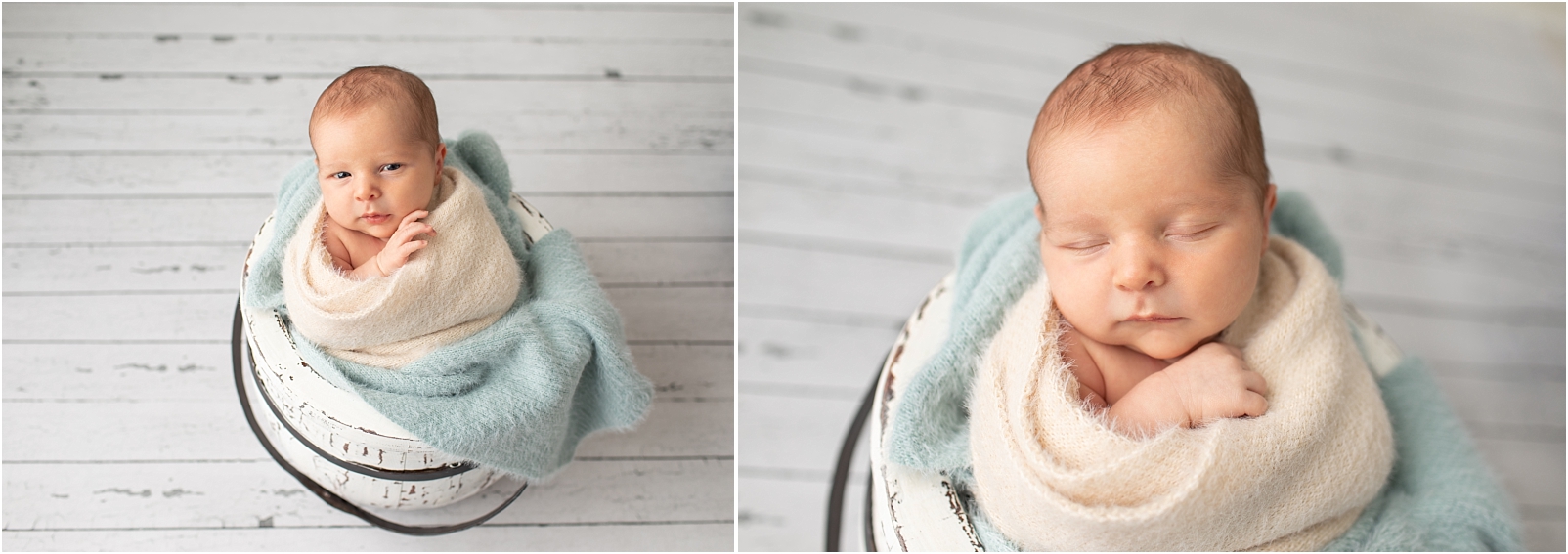 Newborn baby boy wrapped in a cream color wrap and soft blue green fabric in white bucket.