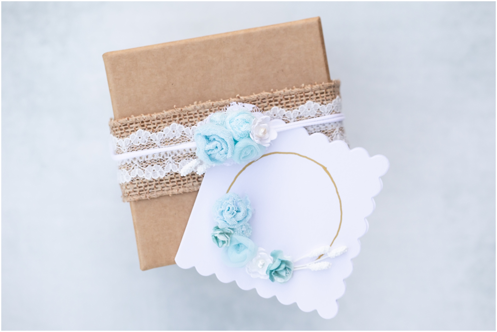 Decorative packaging with blue flowers on a white scalloped edge gift card