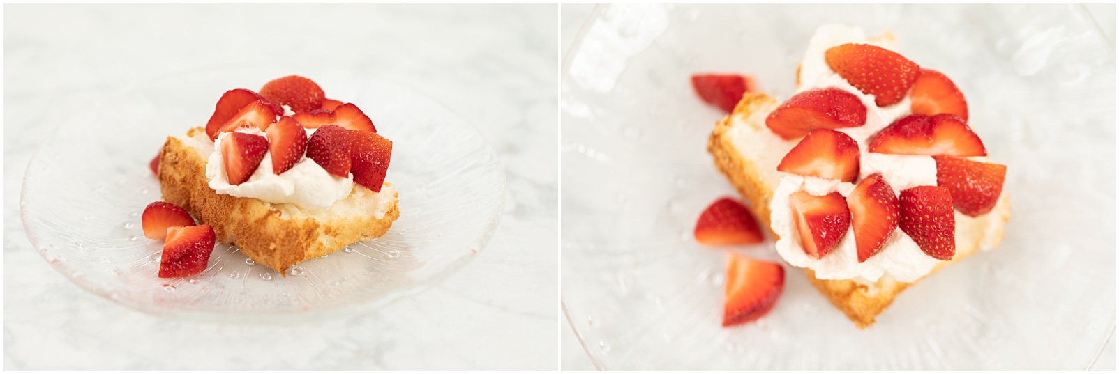 A strawberry shortcake with homemade whipped cream on angel food cake