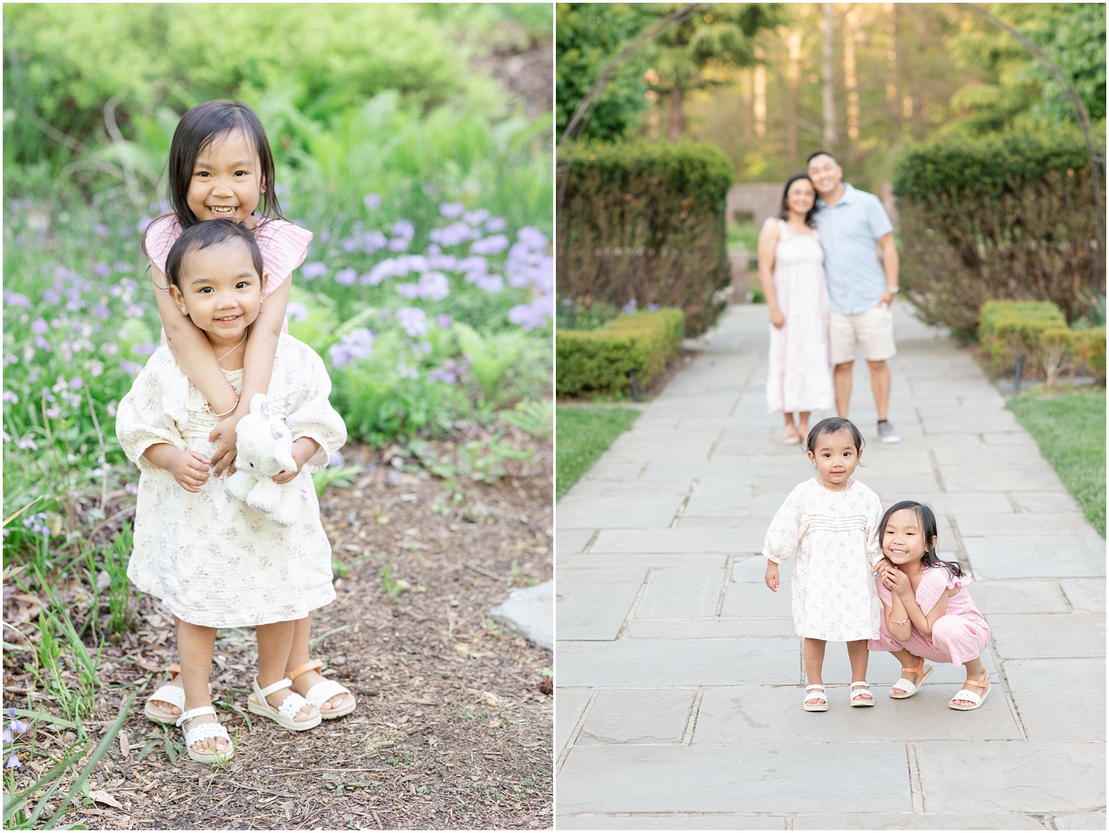 Howard County Photographer photo of two girls in dresses standing together in a garden with purple flowers