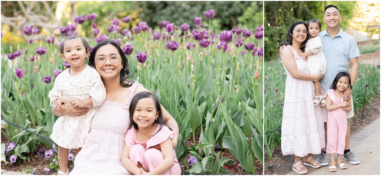 A mom with her 2 daughters in front of purple tulips and a family of 4 standing on a pathway in a garden