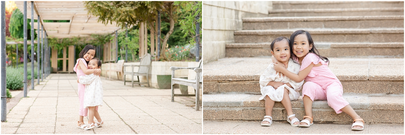 two sisters hugging each other on a pathway and sitting on steps