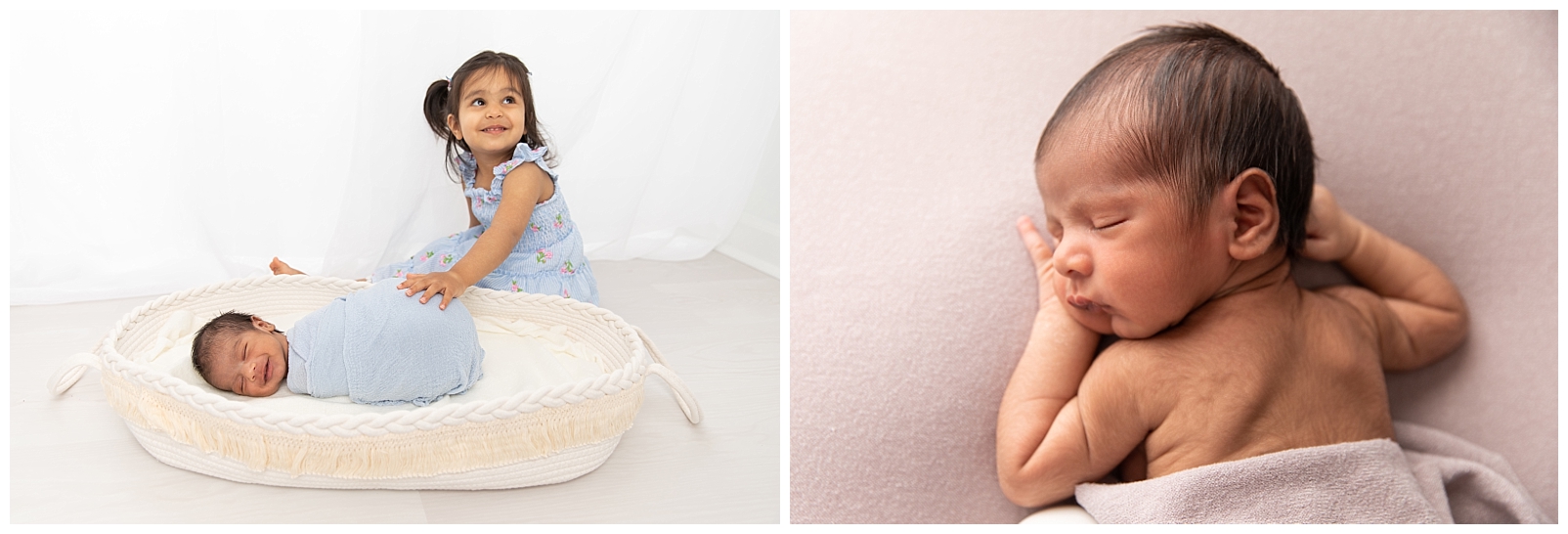 A newborn boy wrapped in blue and smiling in a neutral Moses basket with his sister smiling next to him wearing a floral dress, and a newborn boy sleeping on his tummy in a profile view