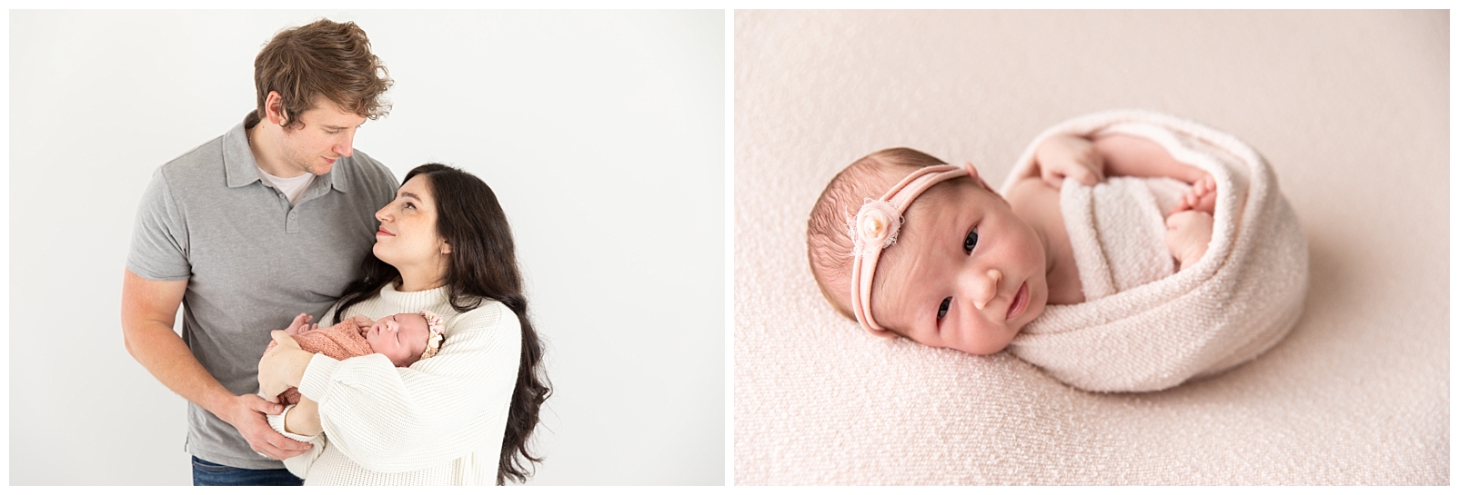 A couple holding their baby and smiling at each other and a newborn girl wrapped in blush pink fabric with a floral headband