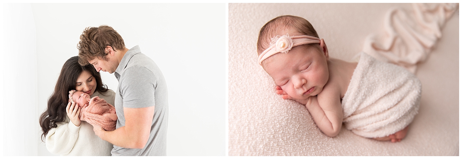 A couple holding their baby girl close and a newborn wrapped in a textured blush pink fabric with a floral headband