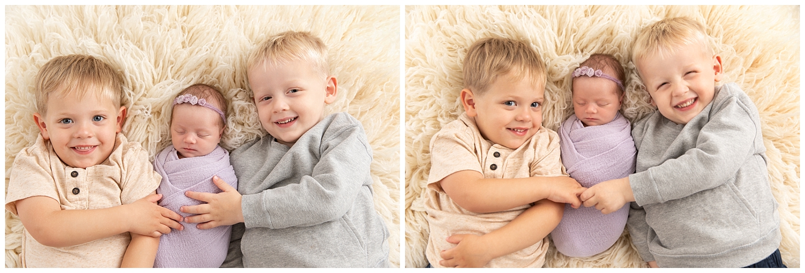 two boys smiling and hugging their newborn baby sister wrapped in lavender fabric and a floral headband