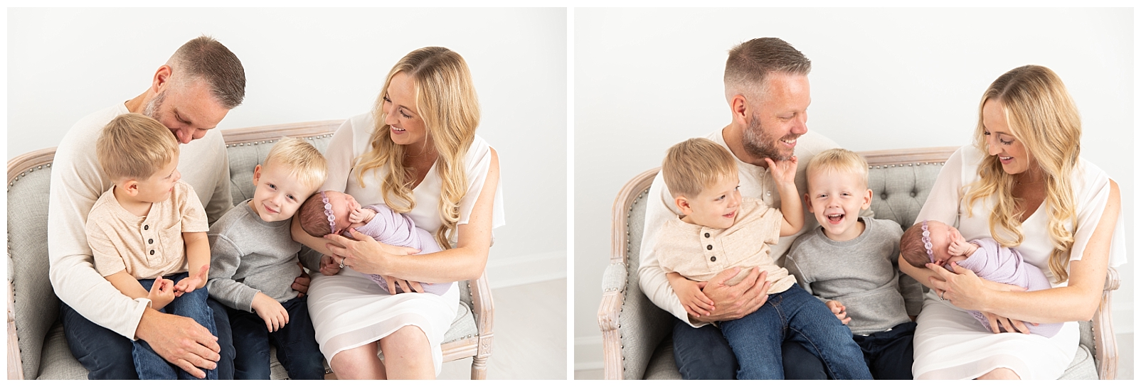A family of 5 sitting on a loveseat looking at their newborn baby wrapped in lavender